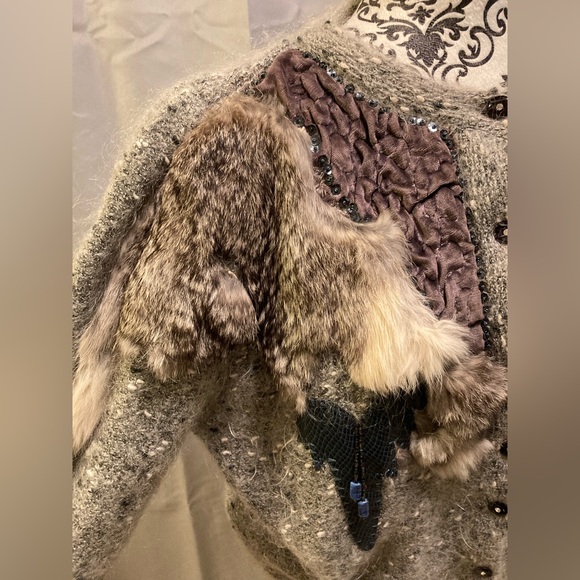 Vintage SWEATER Wool ~ Buttoned (M) Cardigan ~ multi/media/lapis lazuli/fur - Picture 6 of 16